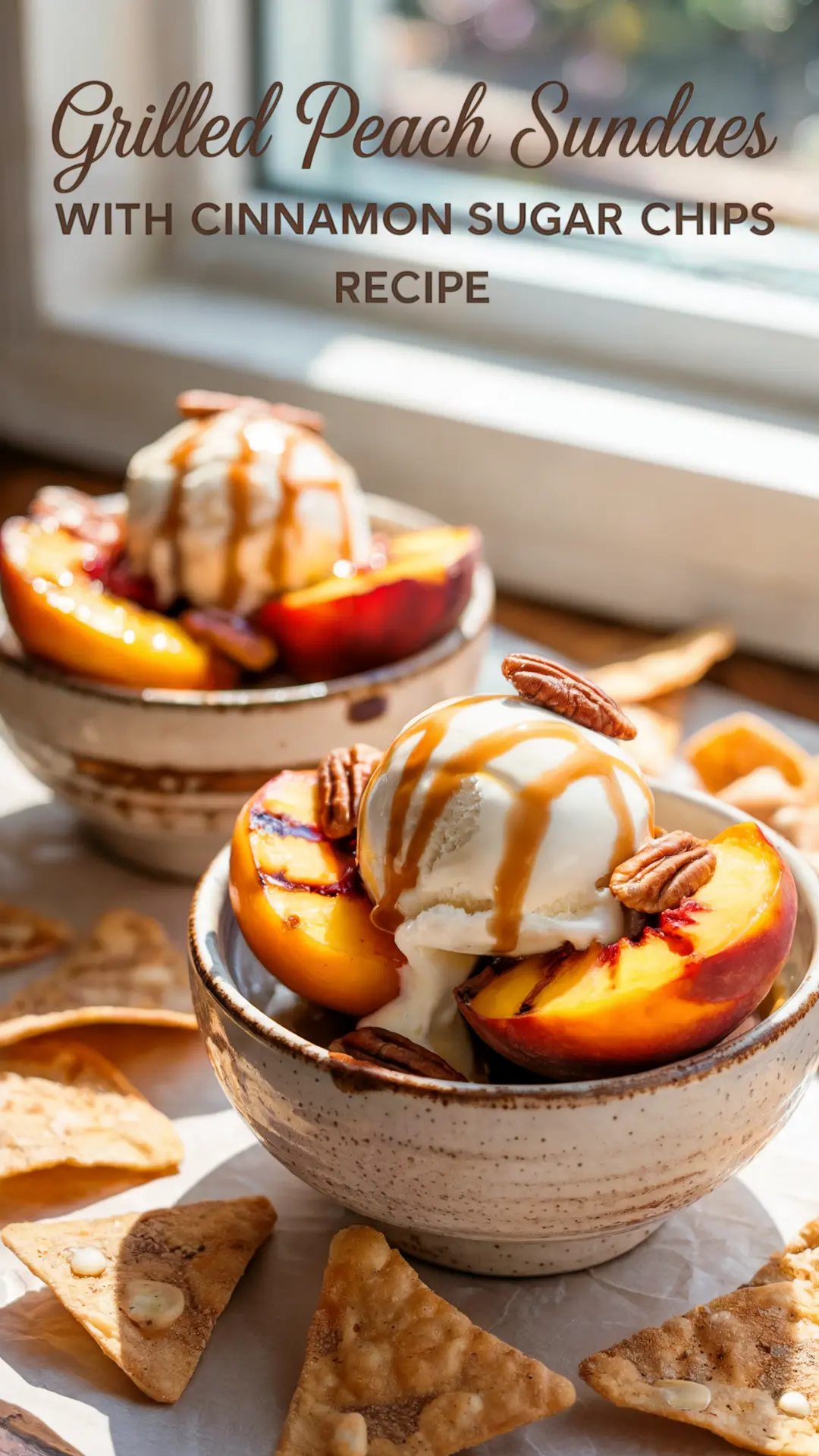 Grilled Peach Sundaes with Cinnamon Sugar Tortilla Chips