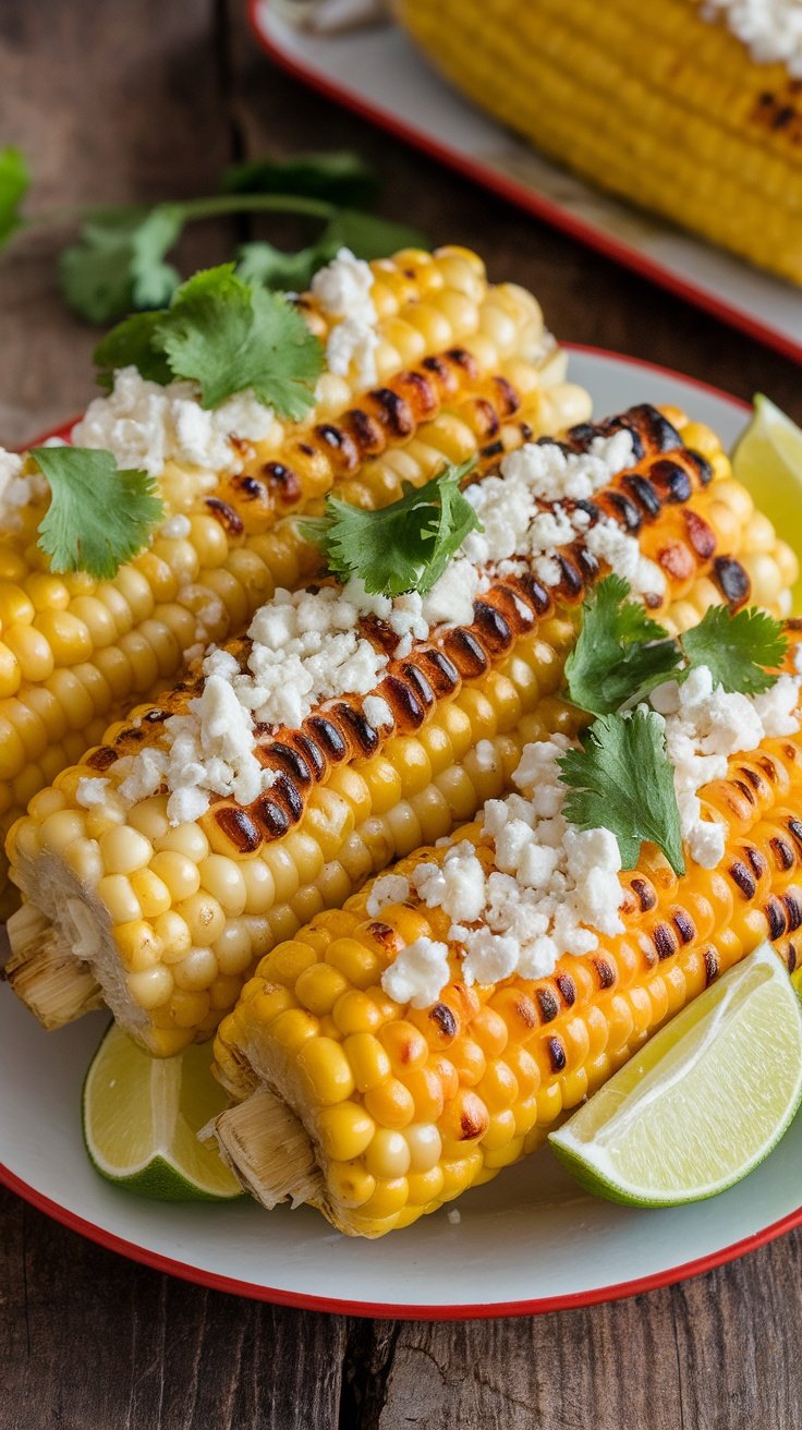 Cuban-Style Grilled Corn with Mojo Butter Grilled corn on the cob topped with mojo butter, cotija cheese, and cilantro, with lime wedges on a wooden table.