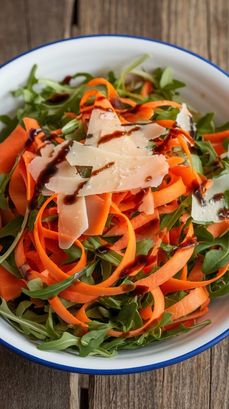 Carrot Ribbon & Arugula Salad with Balsamic Glaze A vibrant salad with carrot ribbons, fresh arugula, and shaved Parmesan, drizzled with balsamic glaze on a rustic table.
