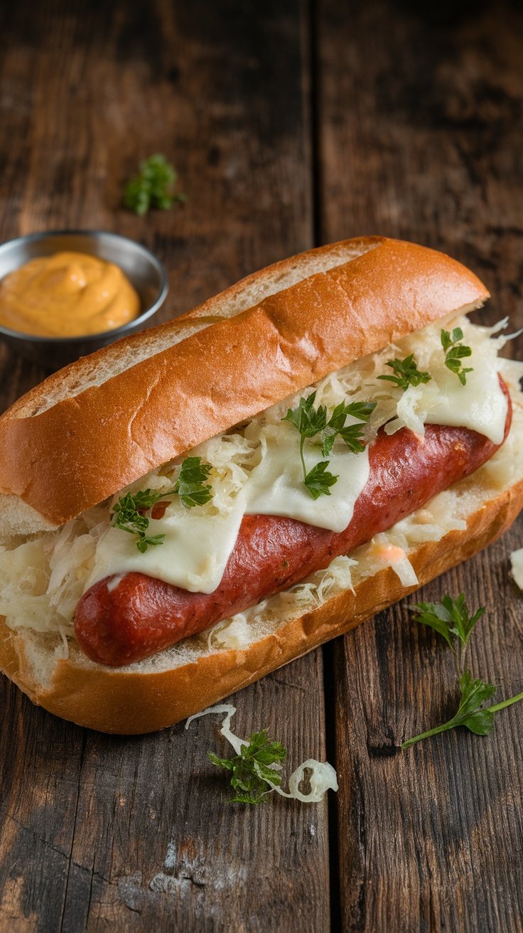 Grilled Kielbasa Sandwiches with Swiss Cheese and Sauerkraut Grilled kielbasa sandwich with Swiss cheese and sauerkraut on a wooden table, served with dijon mustard.