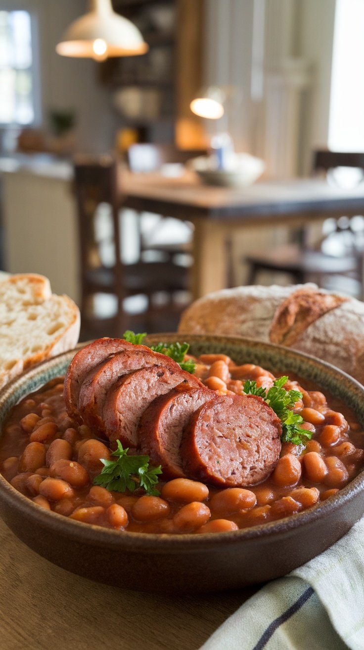 Slow Cooker Kielbasa Sausage and Baked Beans A bowl of kielbasa sausage and baked beans, garnished with parsley, served with bread in a cozy kitchen.