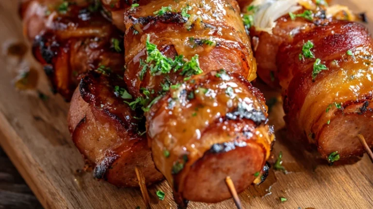 Bacon-Wrapped Kielbasa Skewers with Glazed Perfection