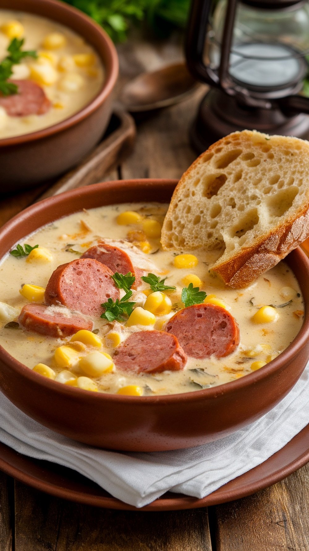 Kielbasa Sausage & Corn Chowder Recipe A hearty bowl of Kielbasa Sausage & Corn Chowder with sausage, corn, and potatoes, garnished with parsley, on a rustic table with bread.