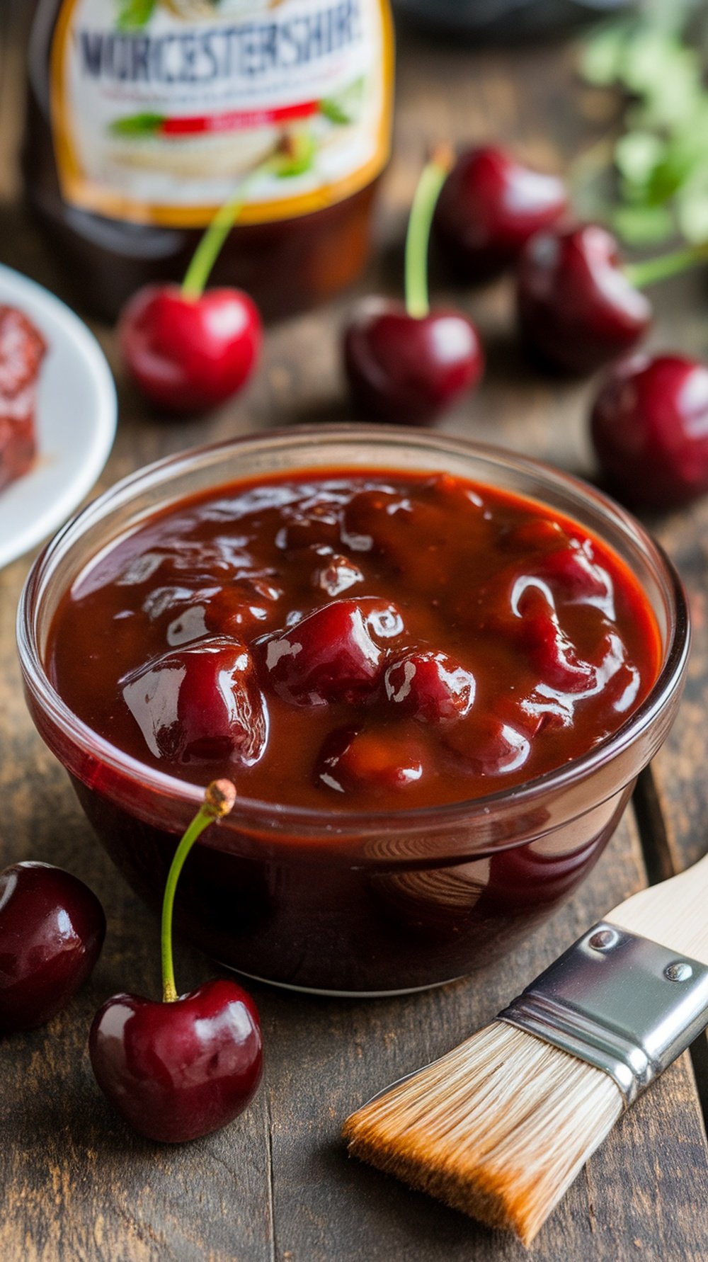 Homemade Cherry BBQ Sauce in a bowl, with fresh cherries and a brush on a wooden table.