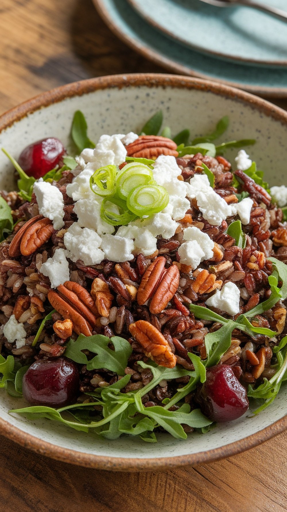 Wild rice salad with cherries, pecans, arugula, and feta cheese in a rustic bowl.