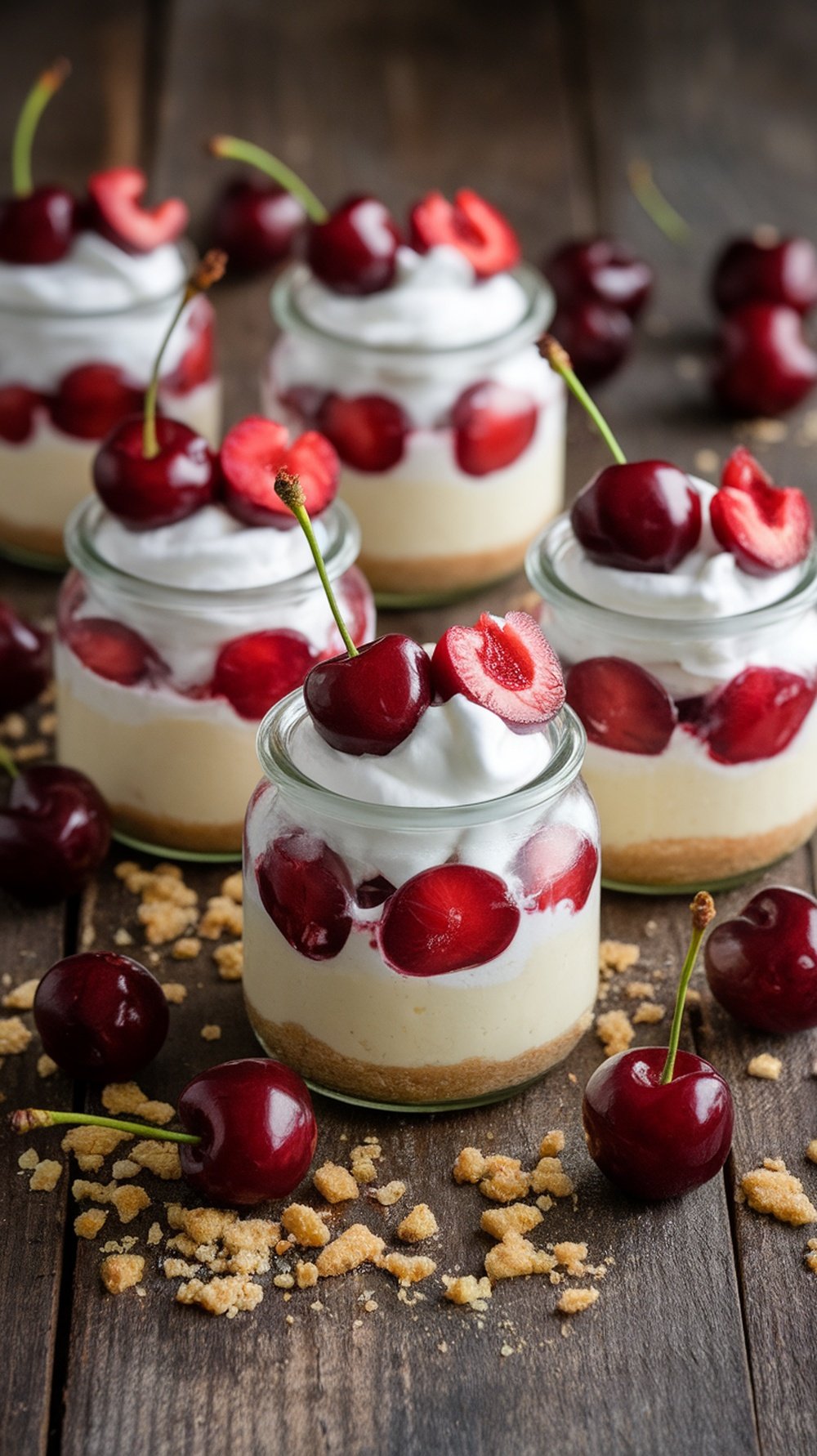 Mini cherry cheesecakes in jars topped with cherries and whipped cream on a wooden table.