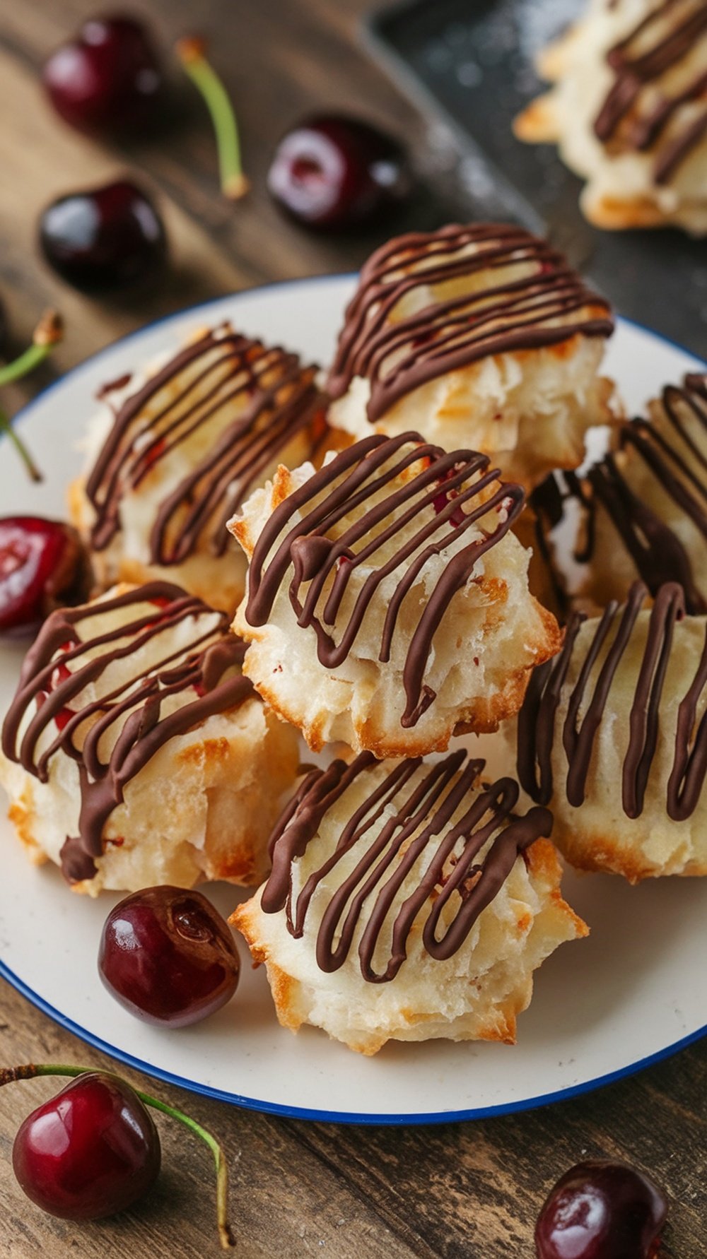 A plate of Cherry Coconut Macaroons drizzled with dark chocolate, surrounded by fresh cherries.