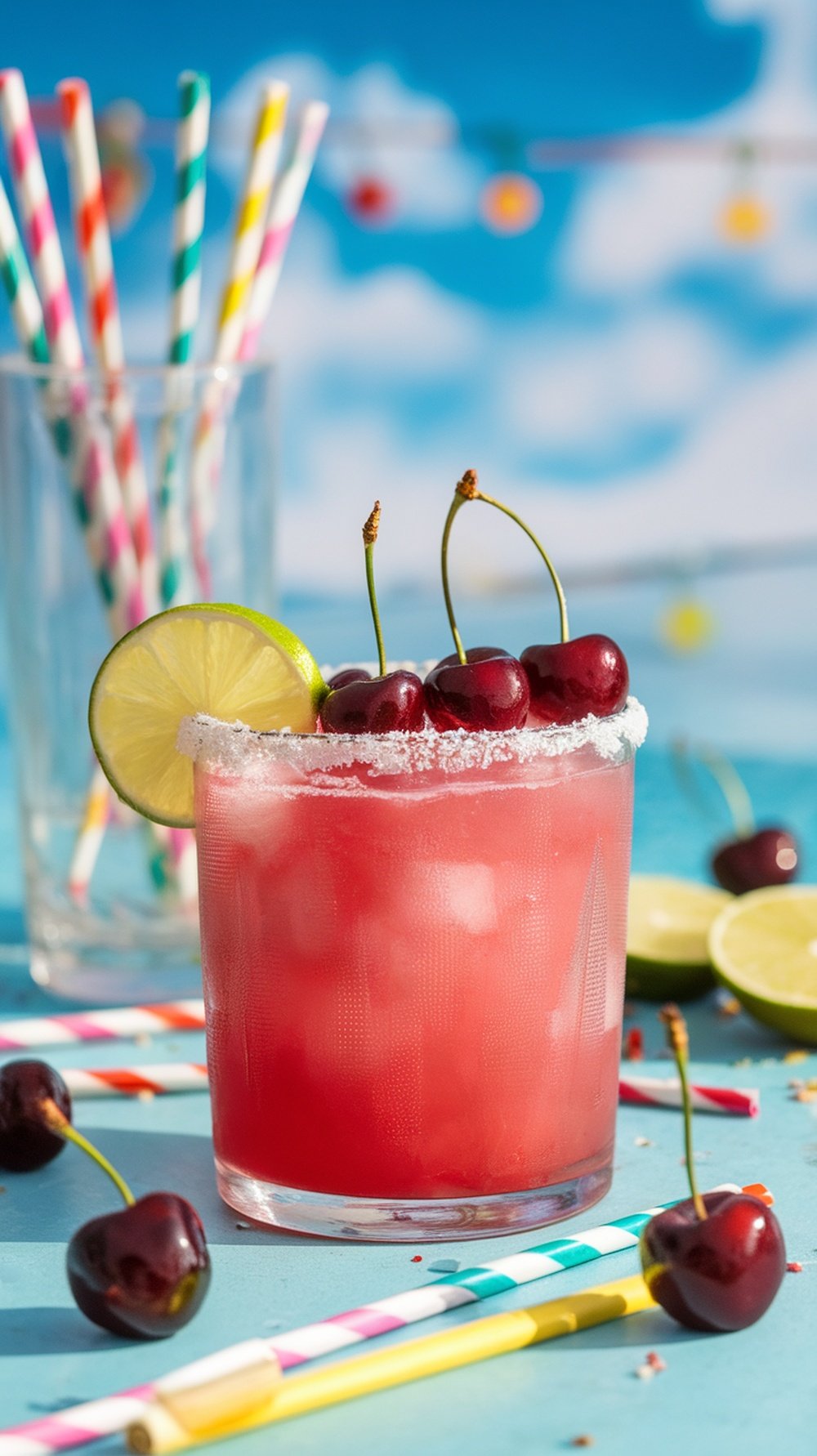 Frozen Cherry Margarita in a glass with lime wedge and cherries, set in a sunny outdoor setting.