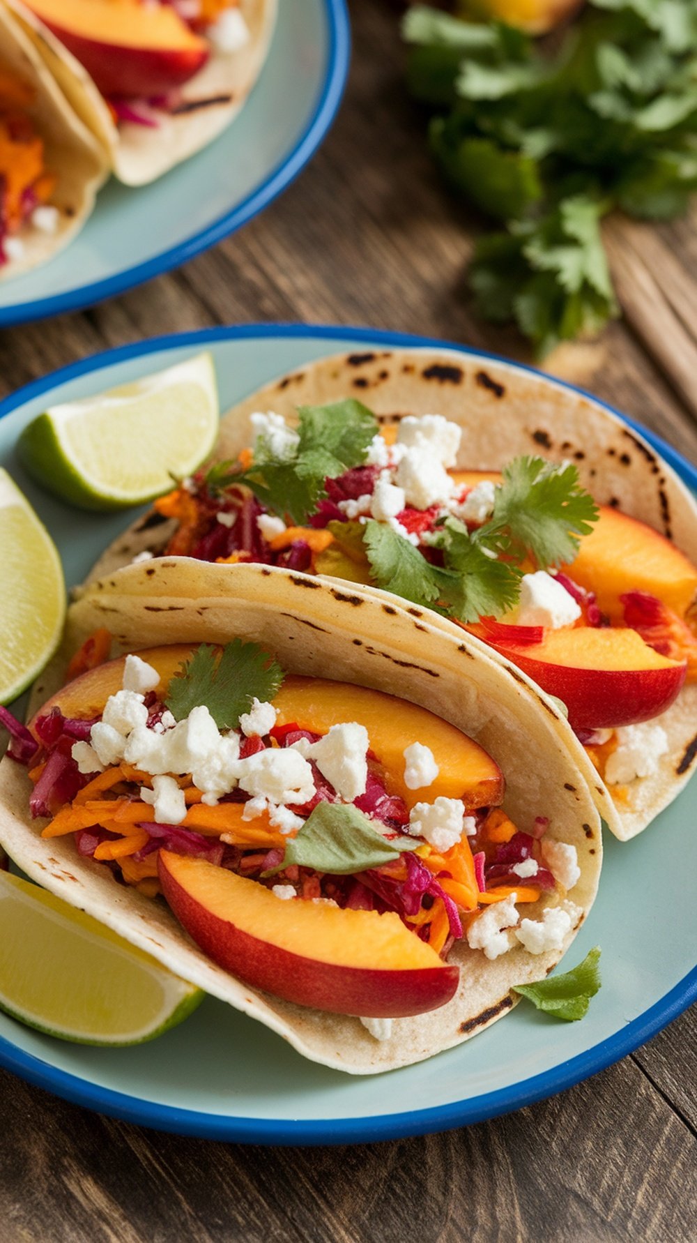 Grilled nectarine tacos with spicy slaw, feta cheese, and cilantro on a rustic wooden table.