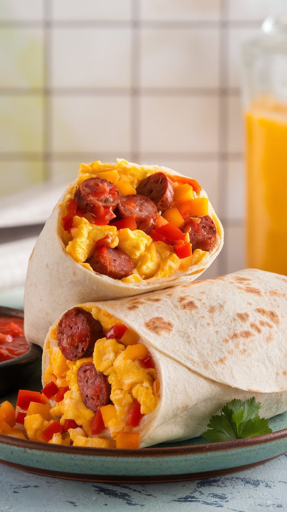 Kielbasa Sausage Breakfast Burritos A hearty breakfast burrito filled with Kielbasa sausage, eggs, bell peppers, and cheese, served with salsa.