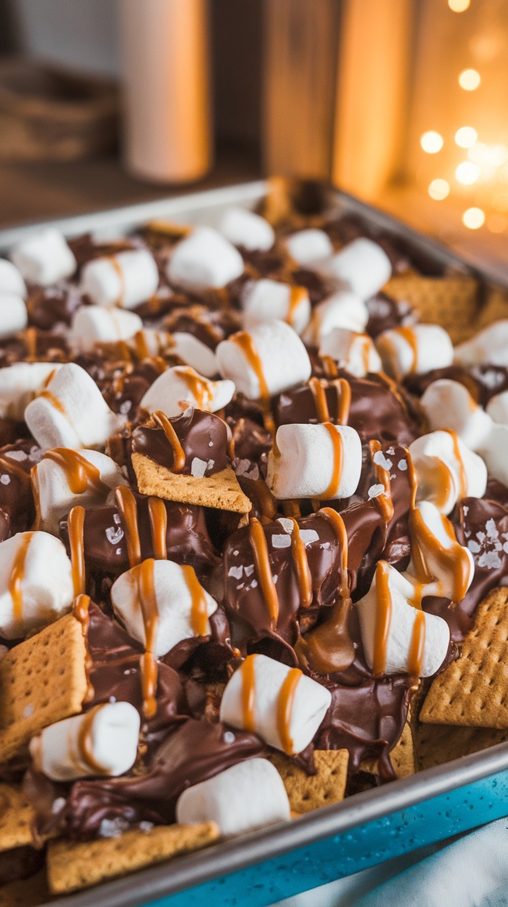 Gooey S’mores Nachos Recipe (Sheet Pan Style) Sheet pan of gooey s’mores nachos with chocolate, marshmallows, and graham crackers, drizzled with caramel sauce.