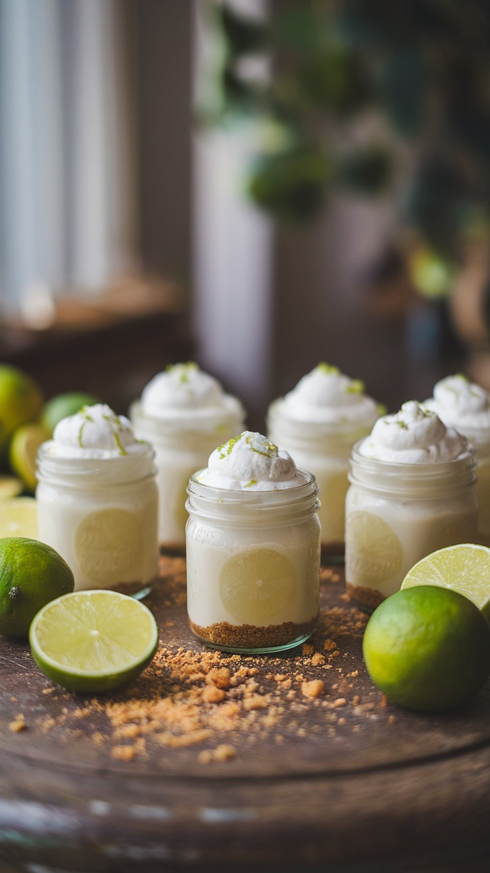 Mini Key Lime Pies in Jars Recipe Six mini key lime pies in jars topped with whipped cream and lime zest on a wooden table.