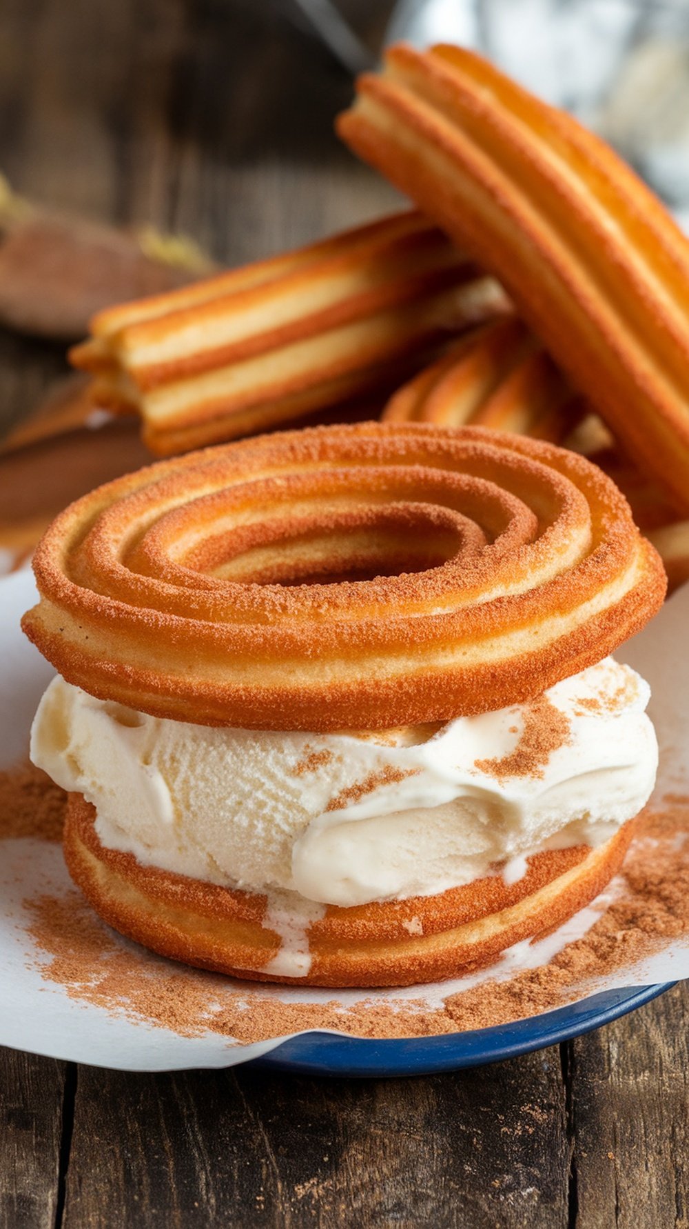 Churro Ice Cream Sandwiches Recipe Churro ice cream sandwich filled with vanilla ice cream, dusted with cinnamon sugar, on a rustic wooden table.