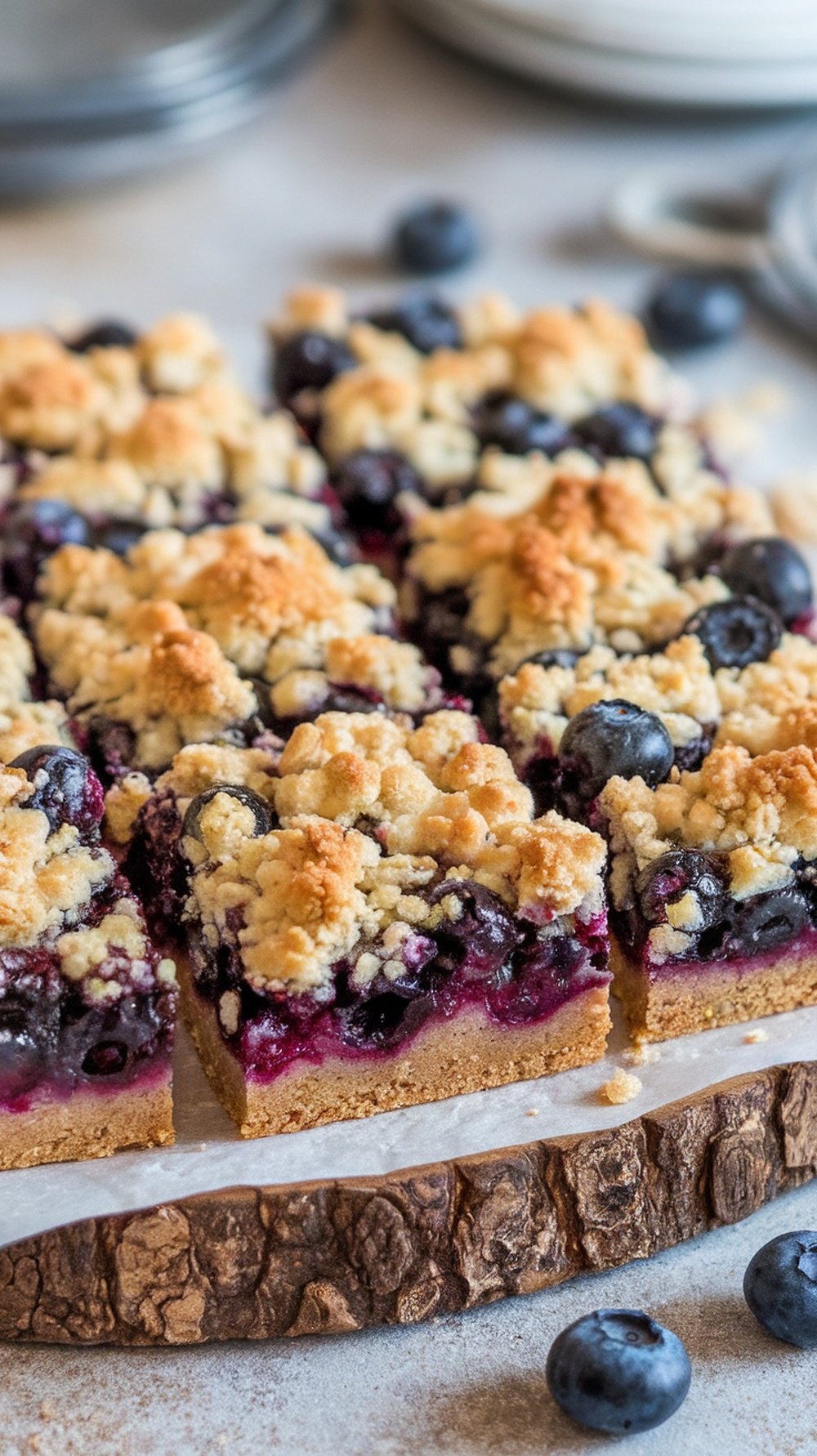 Delicious Blueberry Crumble Bars Recipe Freshly baked blueberry crumble bars with a golden topping and vibrant blueberry filling, served on a wooden board.
