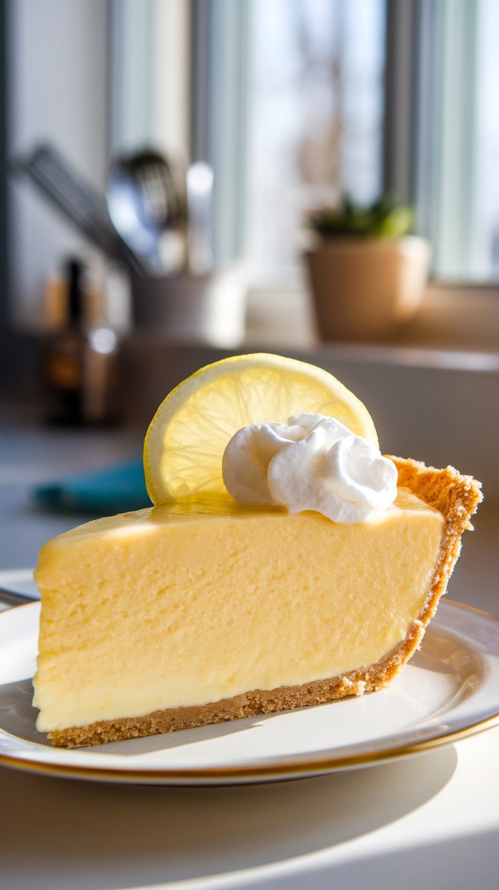 Refreshing Lemonade Icebox Pie Recipe Slice of lemonade icebox pie with lemon garnish on a plate, showcasing creamy filling and graham cracker crust.