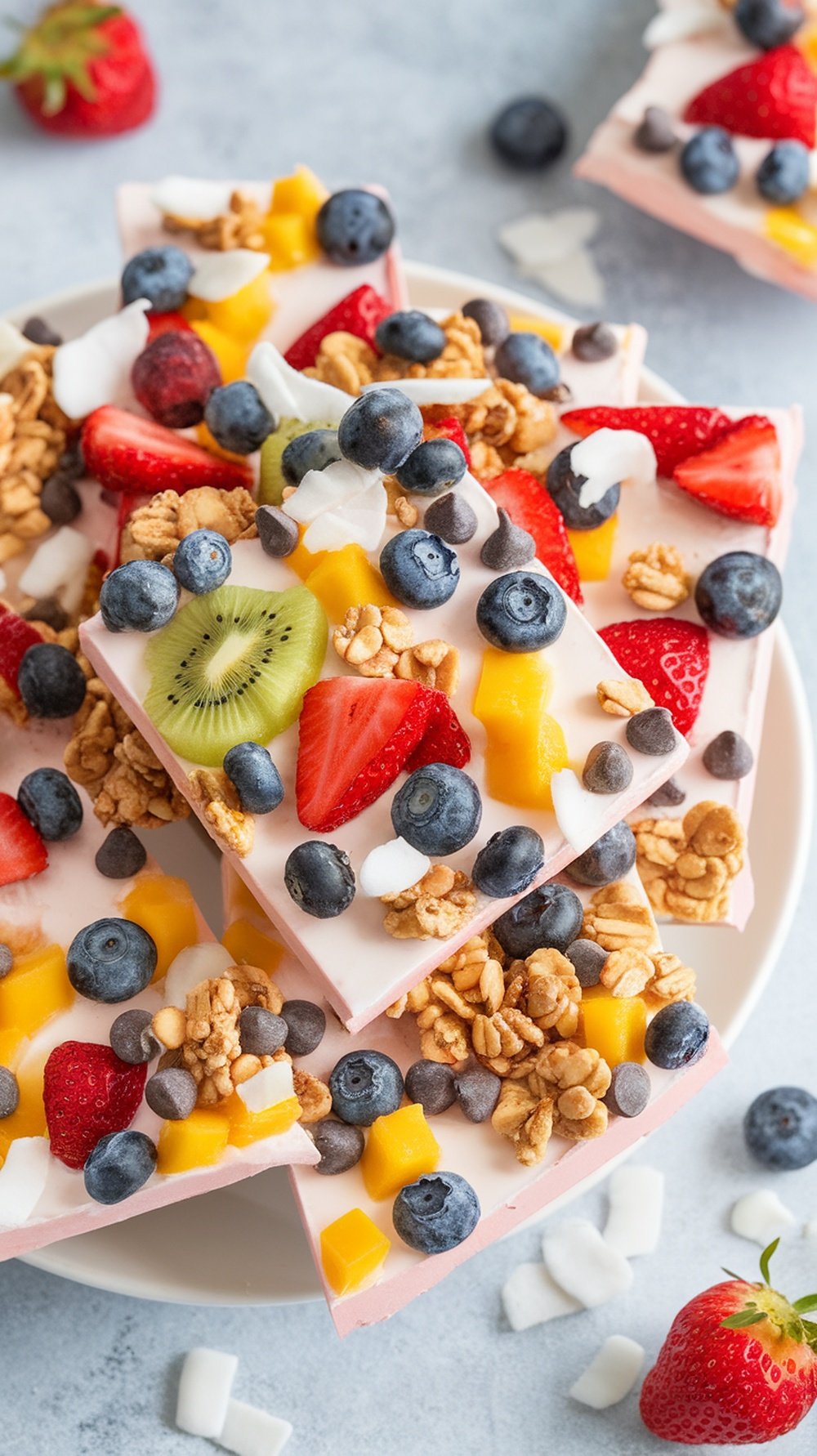 Frozen yogurt bark topped with strawberries, blueberries, kiwi, granola, and chocolate chips on a rustic table.