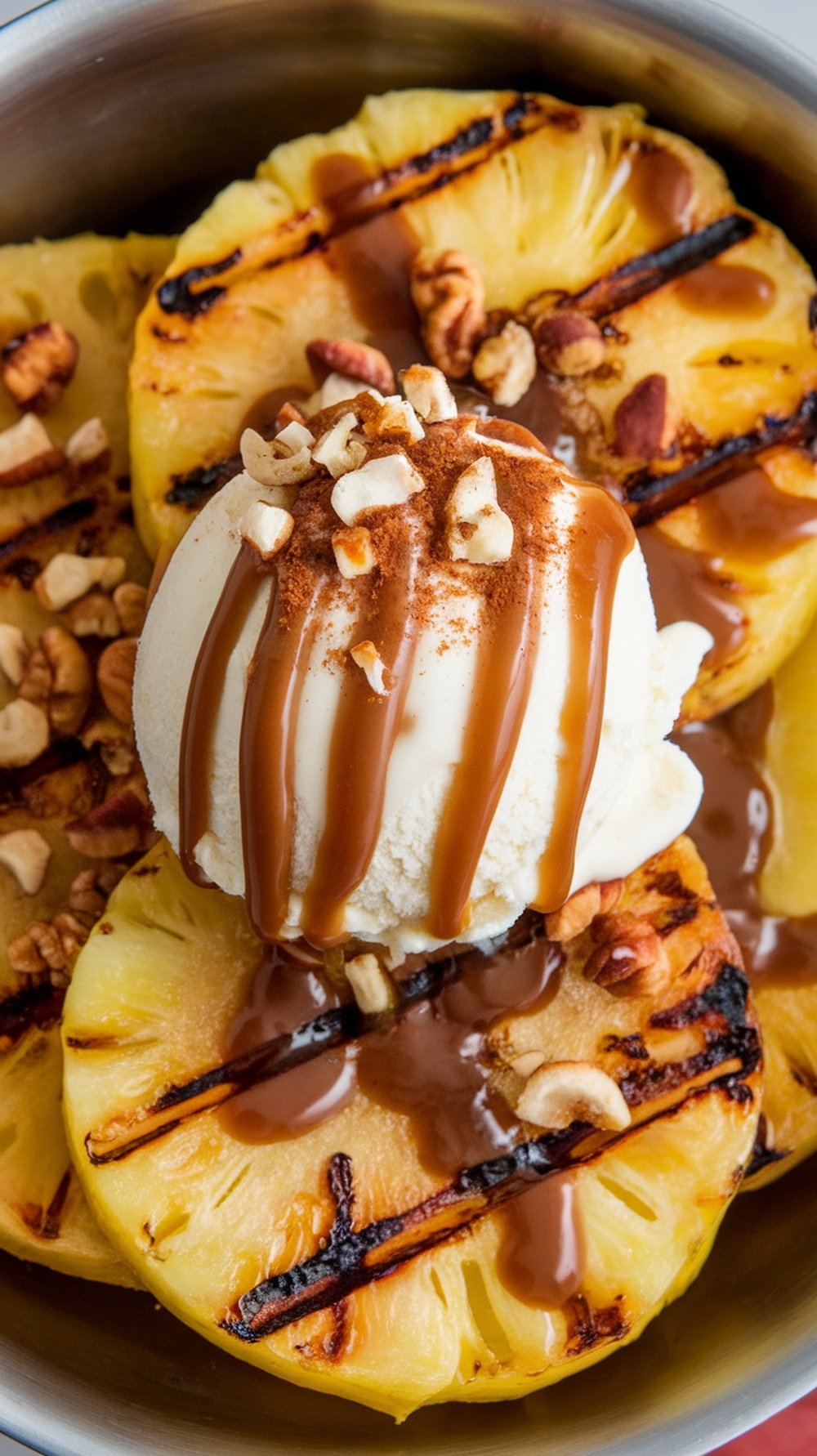 Grilled pineapple sundae with vanilla ice cream, caramel sauce, cinnamon, toasted coconut, and chopped nuts.