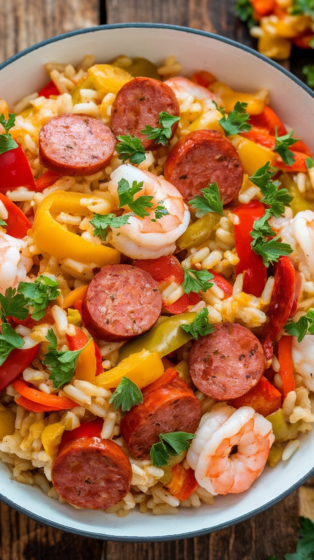 Kielbasa Sausage Jambalaya Recipe A bowl of kielbasa sausage jambalaya with shrimp, rice, and bell peppers, garnished with parsley on a rustic table.