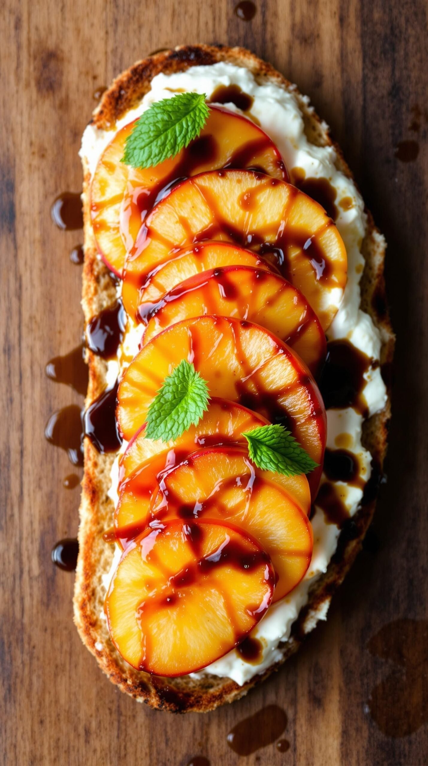 Nectarine Ricotta Toast with Balsamic Drizzle Nectarine ricotta toast on rustic bread topped with nectarines, honey, and balsamic glaze, garnished with mint leaves.