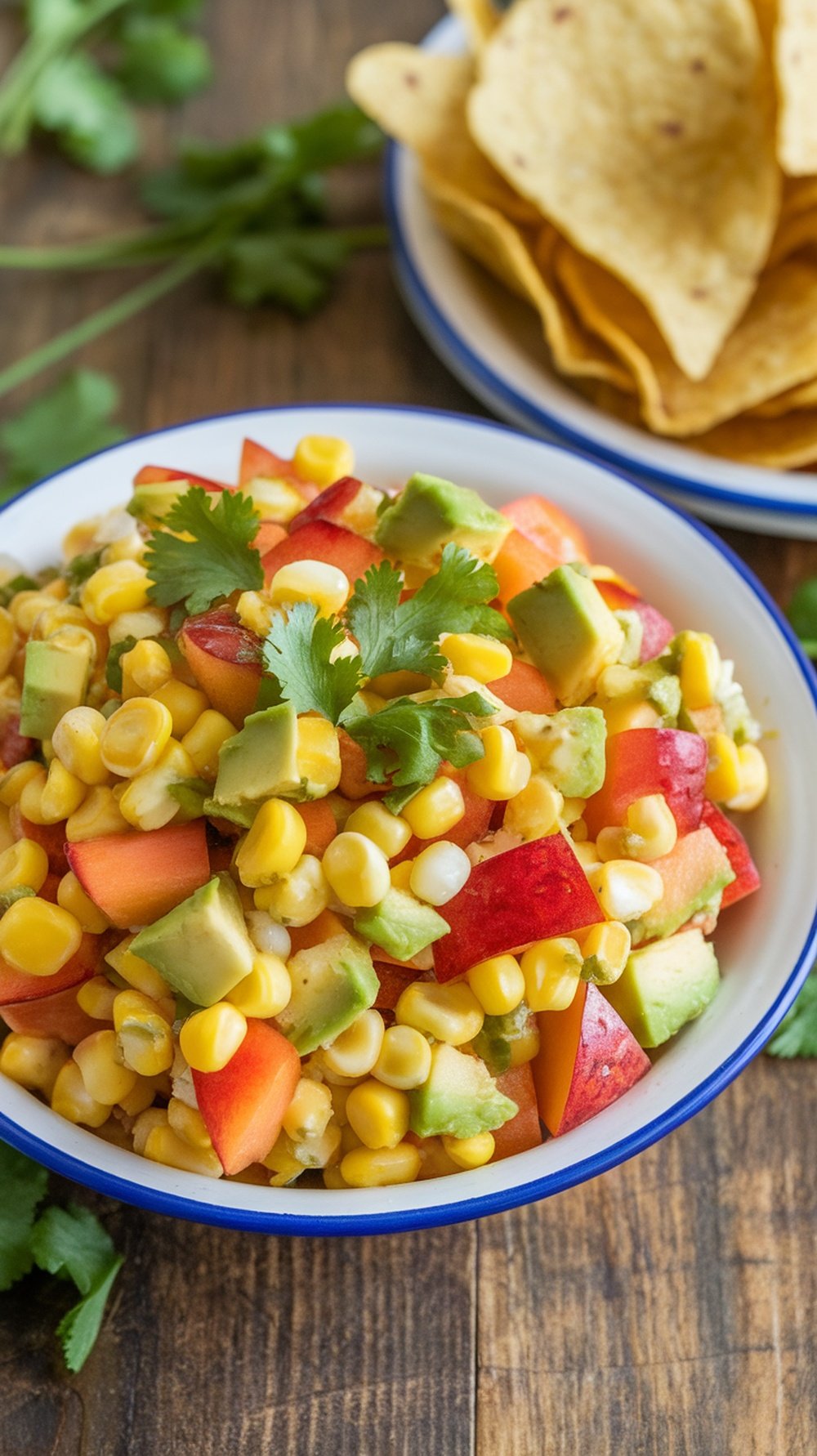 A bowl of corn, avocado, and nectarine salsa with tortilla chips on a rustic table.