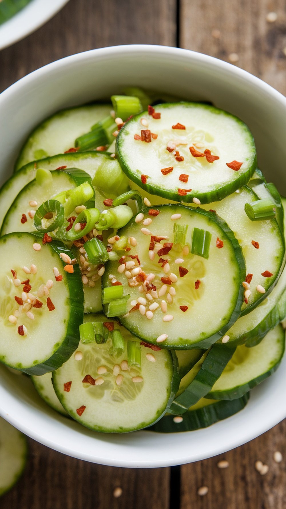 A colorful bowl of spicy cucumber salad with sesame seeds, scallions, and red chili flakes on a wooden table.