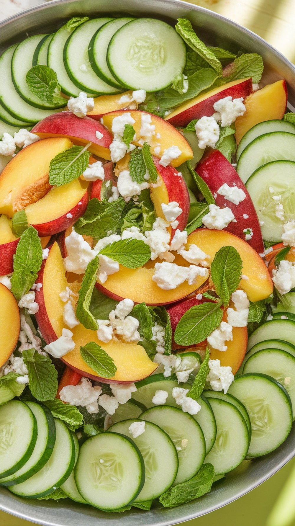 A colorful summer salad with cucumbers, nectarines, feta cheese, and mint leaves in a bowl, set against a sunny outdoor backdrop.