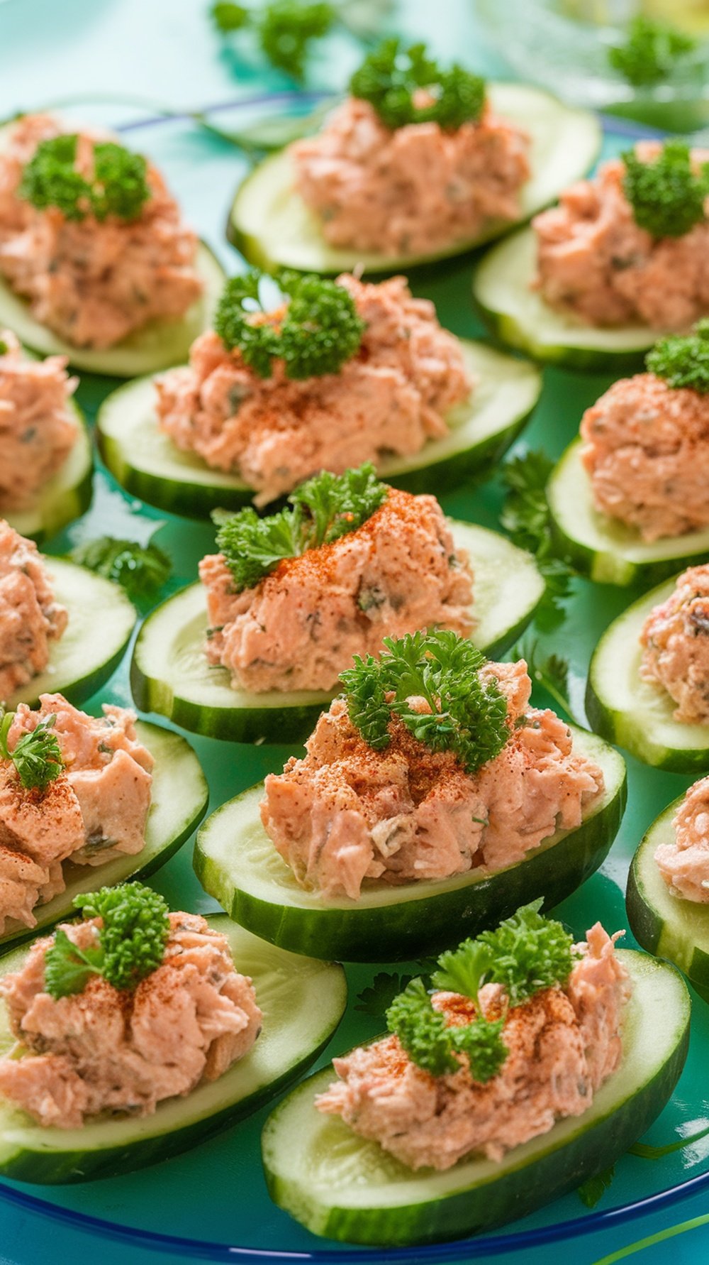 Cucumber tuna boats filled with a creamy tuna salad, garnished with paprika and parsley, on a colorful platter.