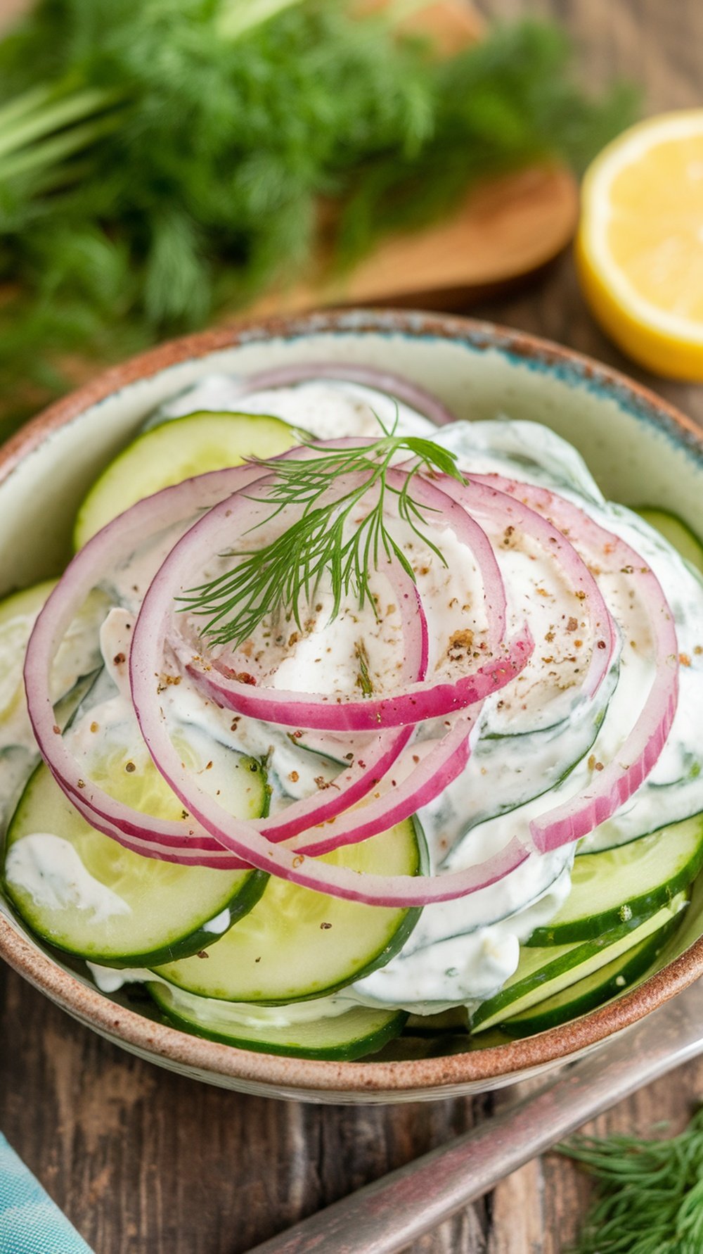 A bowl of creamy cucumber dill salad with cucumbers, red onions, and a yogurt dressing, garnished with dill.