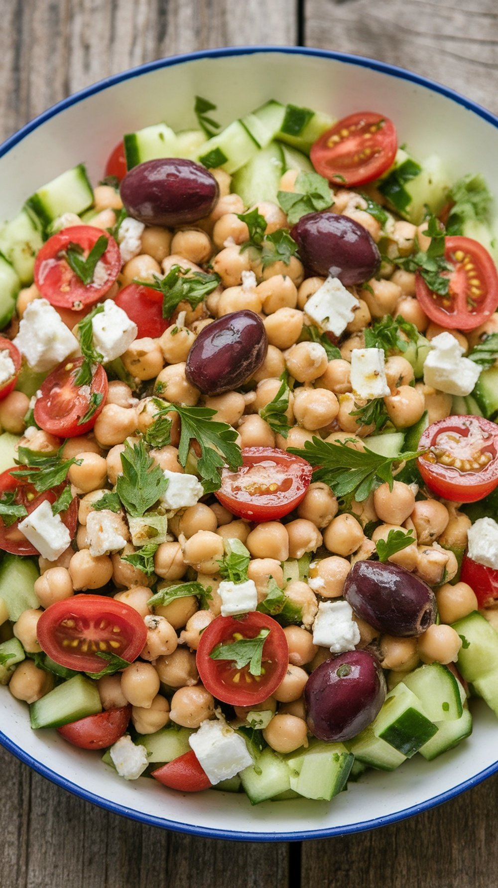 A colorful Greek salad with chickpeas, cucumbers, tomatoes, feta, and olives in a bowl on a wooden table.