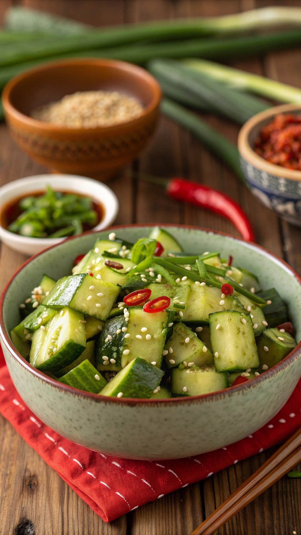 A colorful smashed cucumber salad with garlic soy dressing, garnished with scallions and sesame seeds on a wooden table.