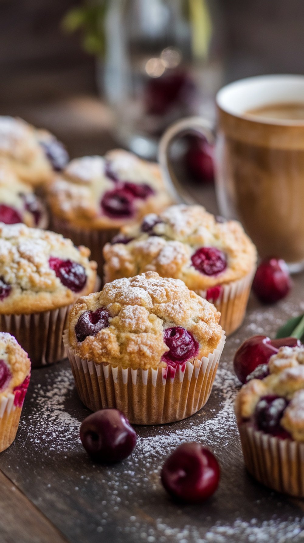 Freshly baked cherry muffins with crumb topping on a wooden table, garnished with cherries.