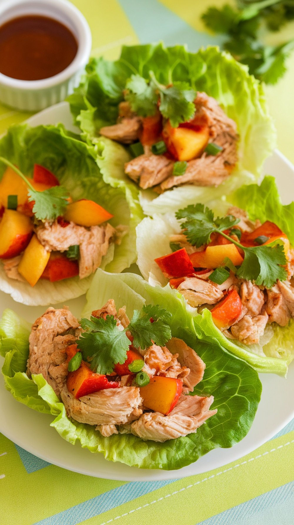 Nectarine Chicken Lettuce Wraps Recipe Nectarine Chicken Lettuce Wraps with chicken, nectarines, red bell pepper in butter lettuce, garnished with cilantro on a summer table.