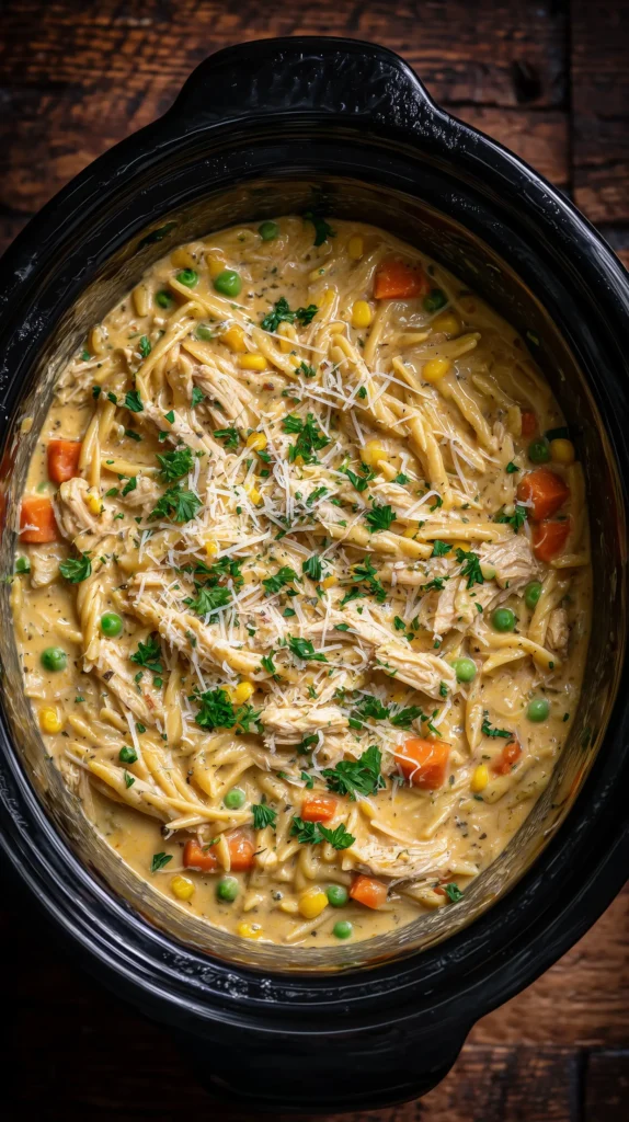 Overhead photo of Crock Pot Chicken Pot Pie Pasta