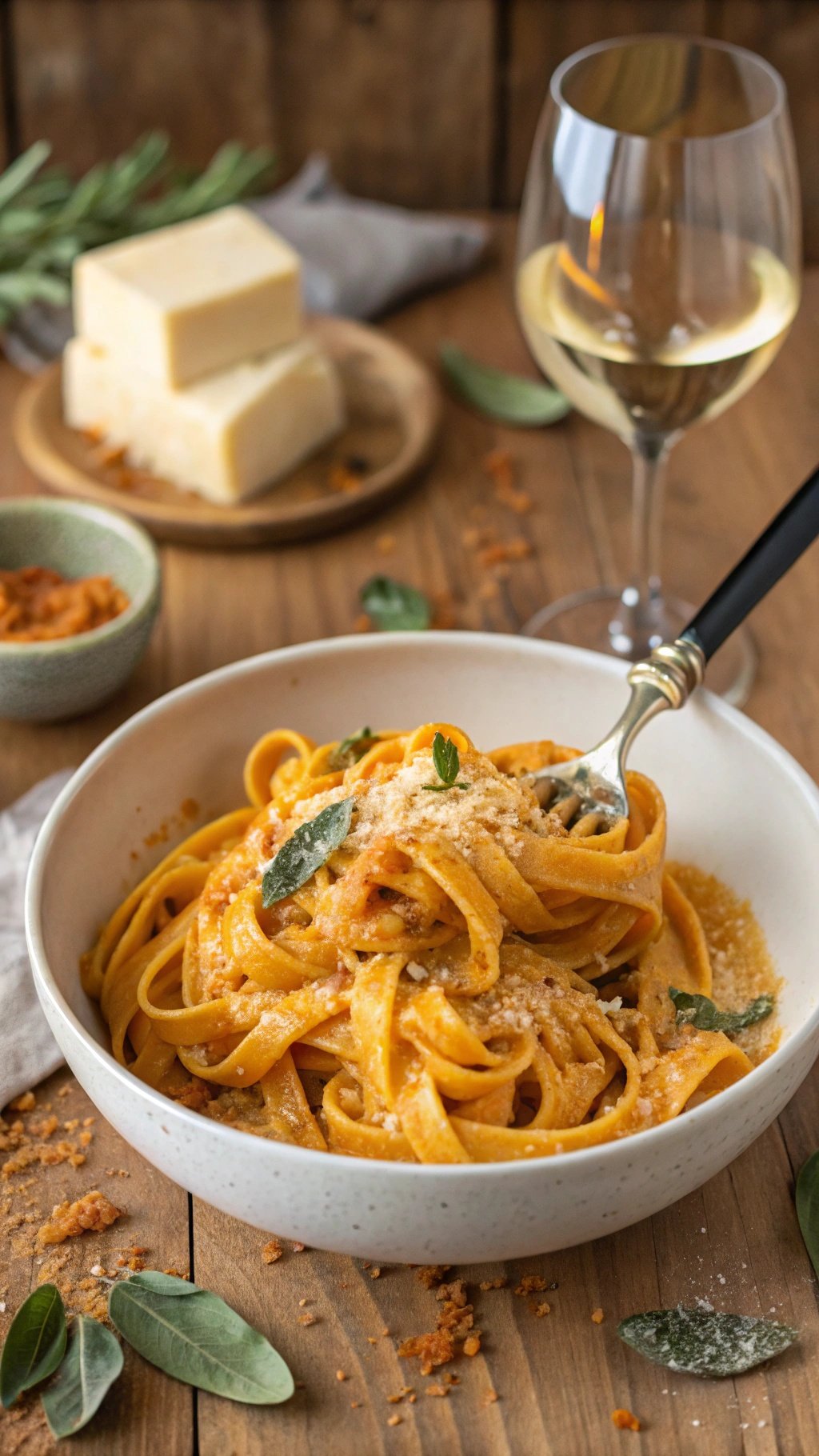 Creamy pumpkin Alfredo fettuccine pasta garnished with sage and Parmesan cheese on a rustic table.