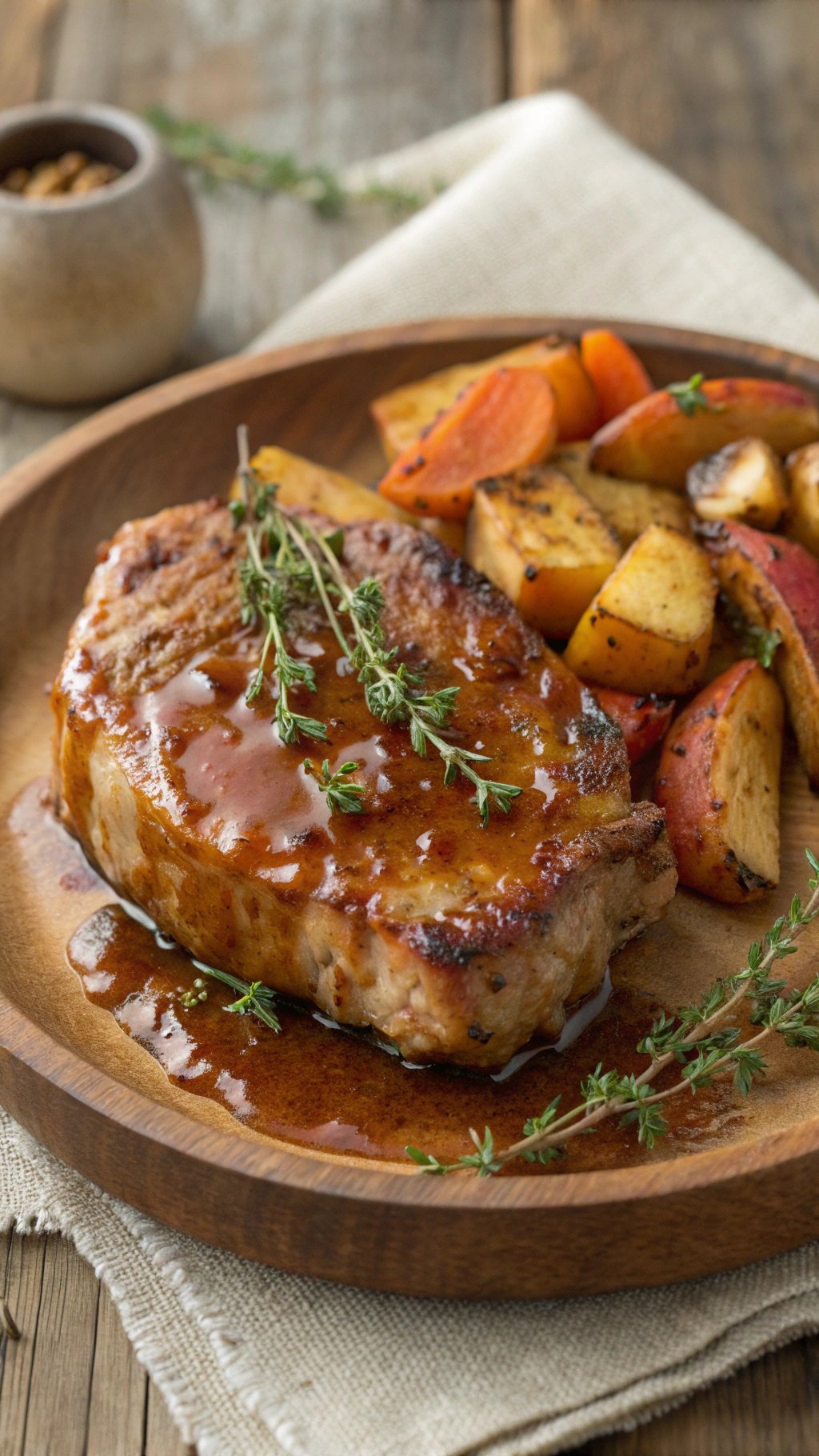 Apple cider glazed pork chop on a wooden plate with fresh thyme and roasted vegetables.