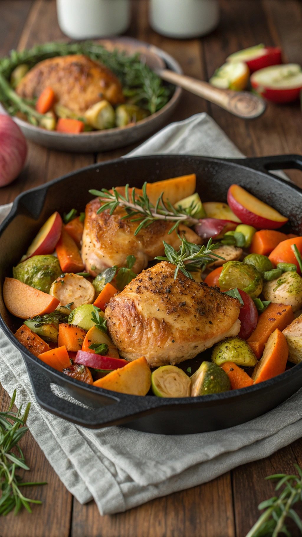 A harvest chicken skillet with chicken thighs, sweet potatoes, Brussels sprouts, and apples, garnished with herbs on a rustic table.