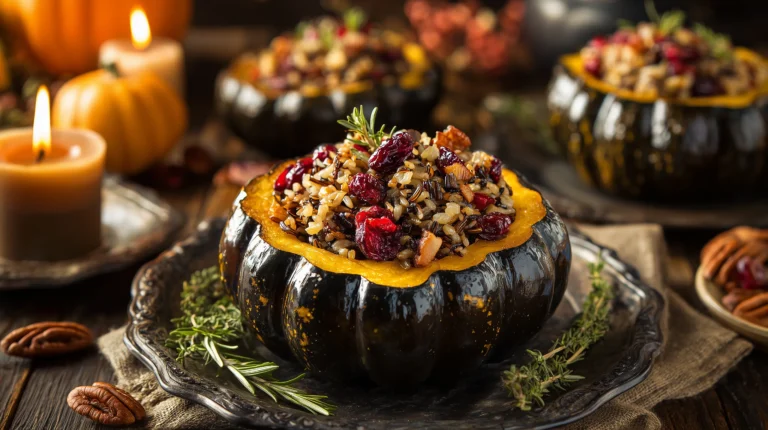 Stuffed Acorn Squash with Wild Rice & Cranberries