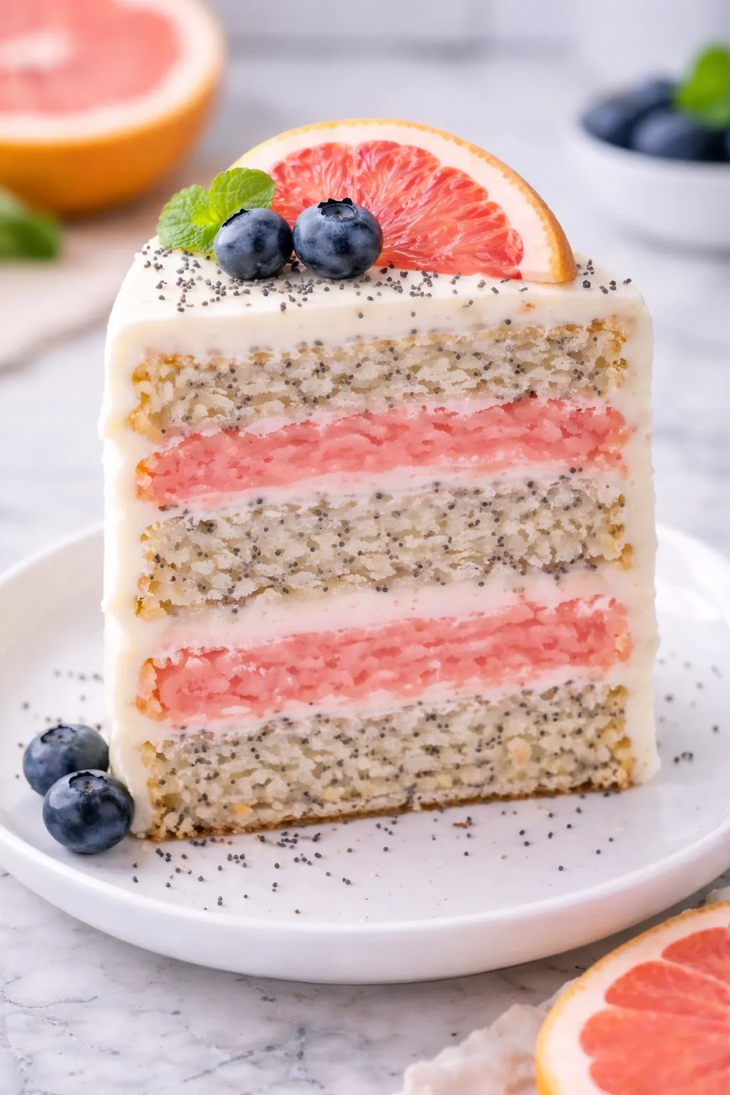 Moist Grapefruit Poppy Seed Cake with Creamy Frosting