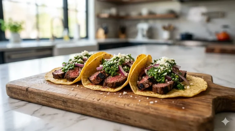 Flank Steak Tacos with Fresh Herb Garlic Chimichurri