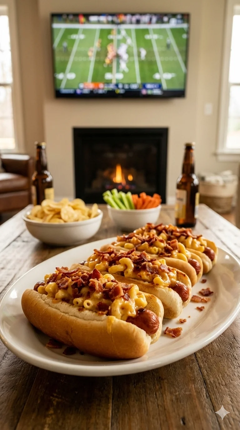 Bacon Mac ’n Cheese Hot Dogs for Game Day