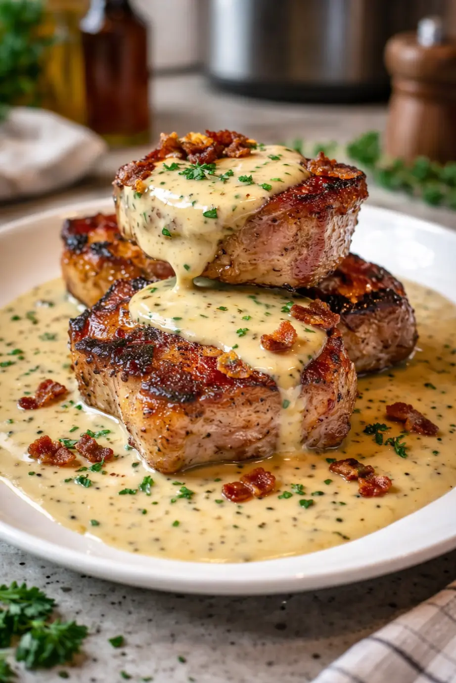 Maple Bacon Pork Chops in Dijon Cream