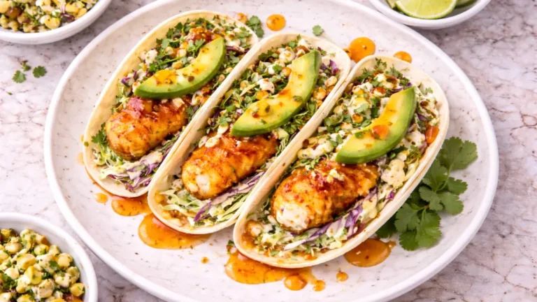 Hot Honey Fish Tacos with Creamy Slaw