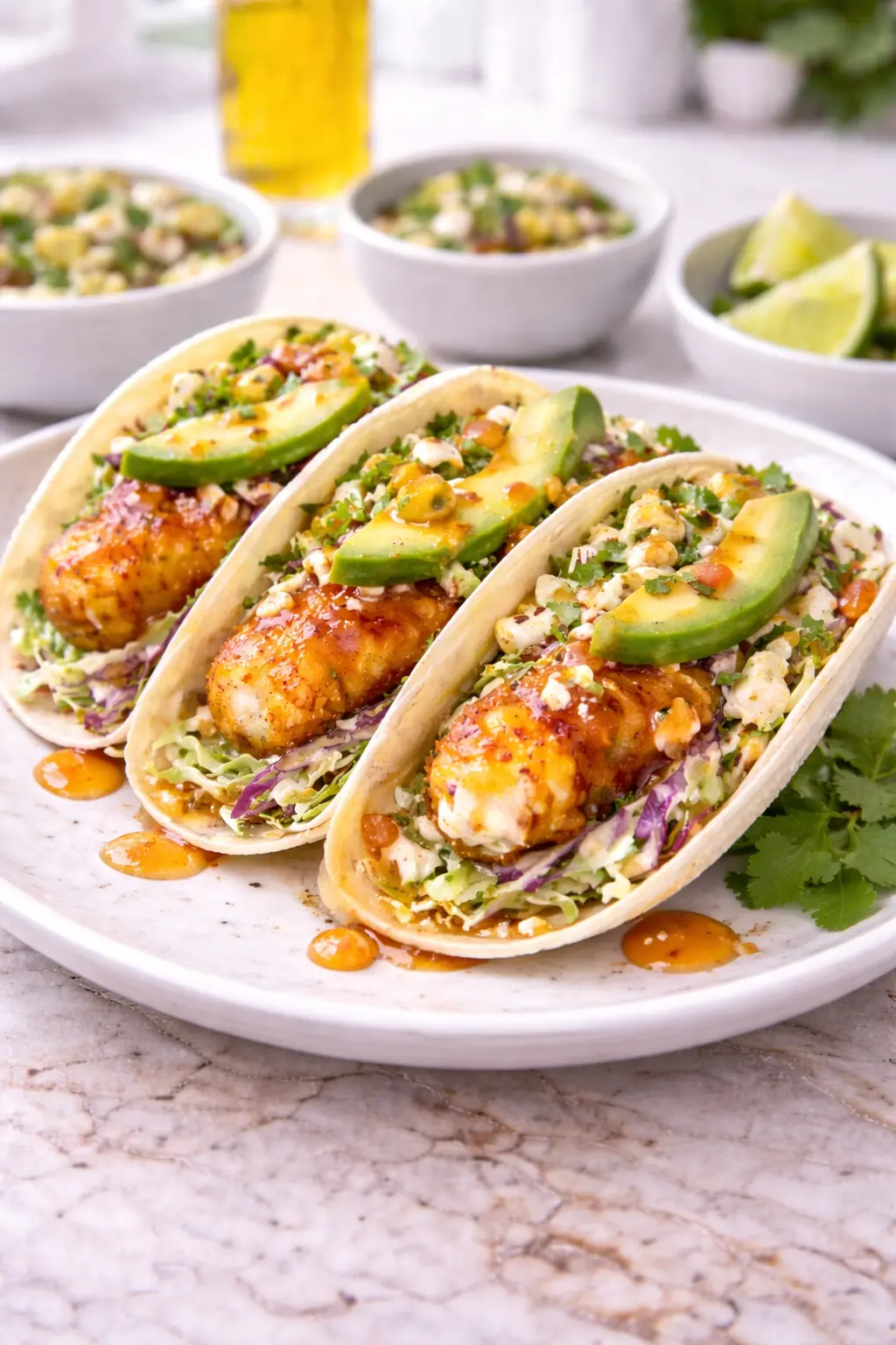 Hot Honey Fish Tacos with Creamy Slaw