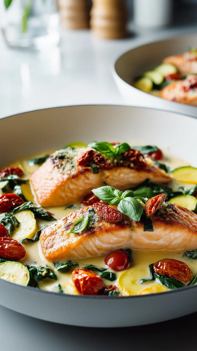 Creamy Tuscan Salmon with Summer Vegetables