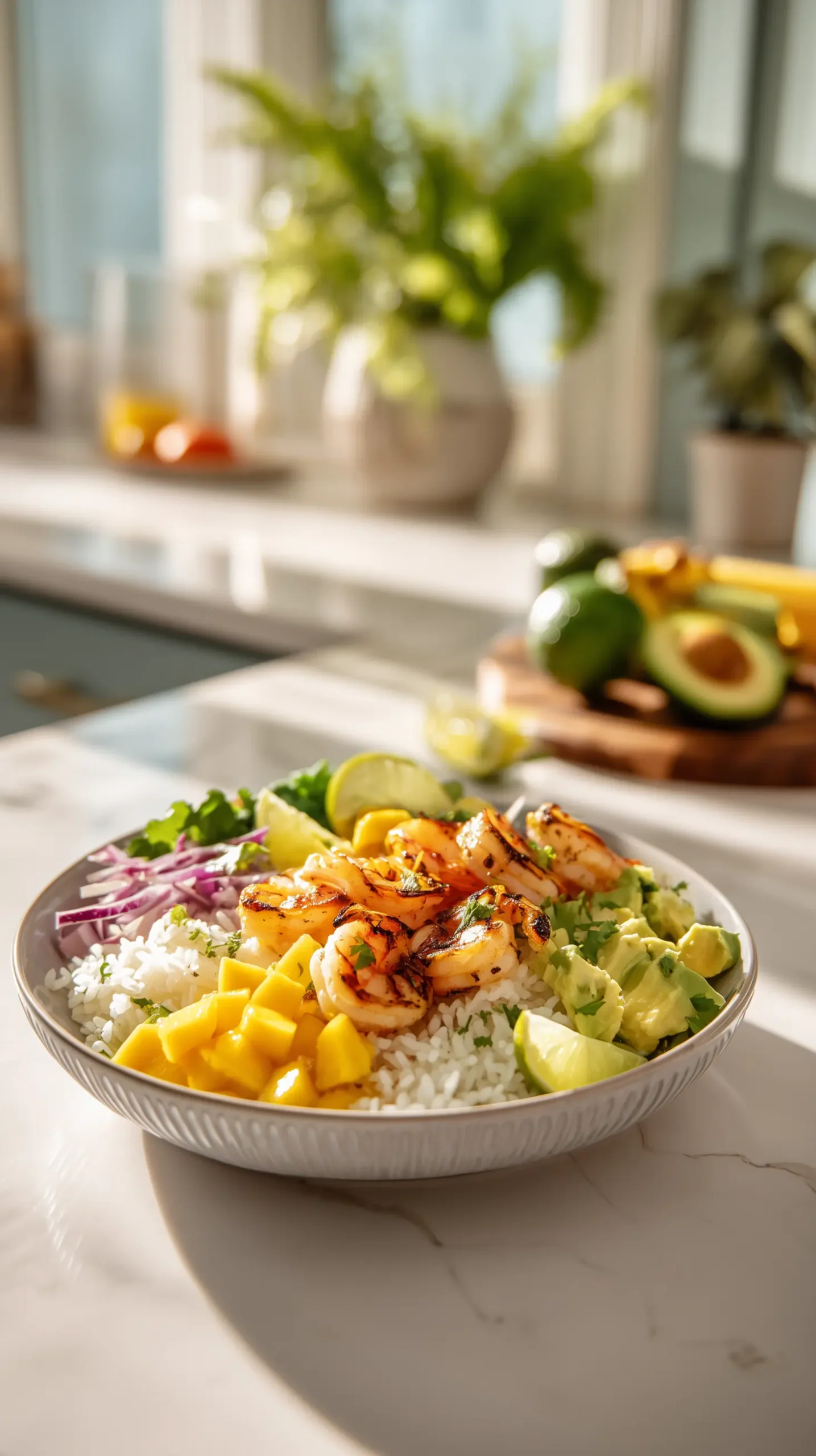 Grilled Shrimp Bowls with Mango Avocado Rice