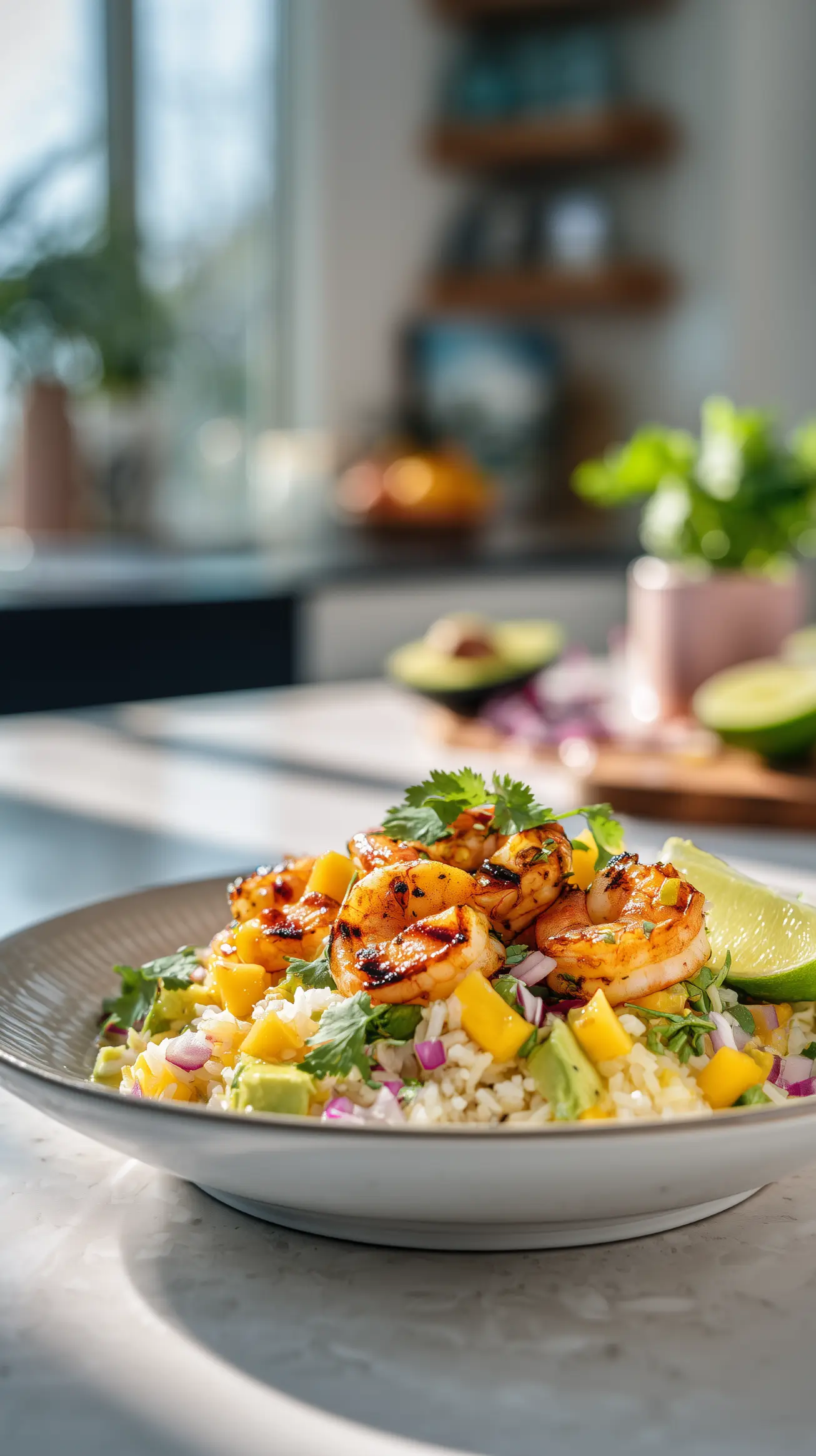 Grilled Shrimp Bowls with Mango Avocado Rice