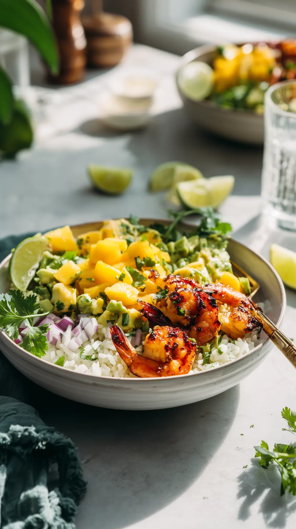 Grilled Shrimp Bowls with Mango Avocado Rice