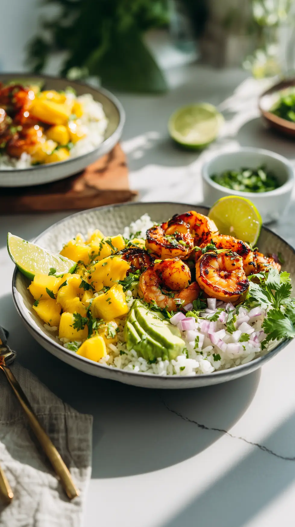 Grilled Shrimp Bowls with Mango Avocado Rice