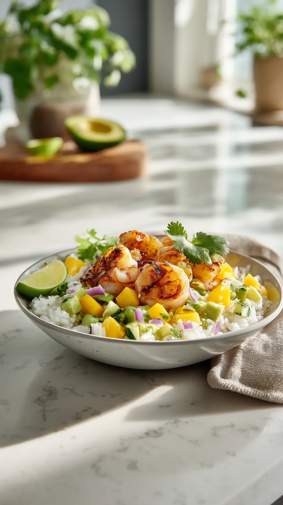 Grilled Shrimp Bowls with Mango Avocado Rice