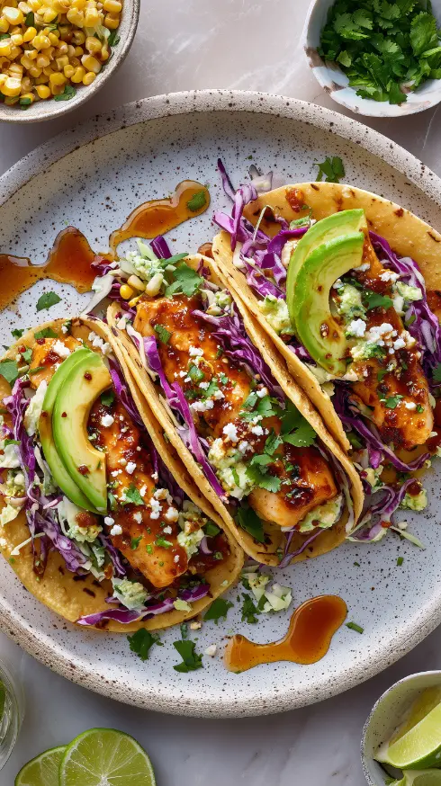 Hot Honey Fish Tacos with Creamy Slaw
